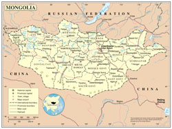 Large detailed political and administrative map of Mongolia with roads, cities and airports.