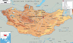 Large physical map of Mongolia with roads, cities and airports.