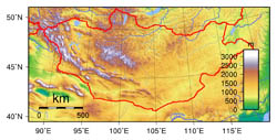 Large topographical map of Mongolia.