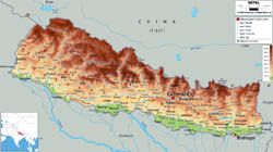 Large physical map of Nepal with roads, cities and airports.