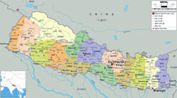 Large political and administrative map of Nepal with roads, cities and airports.