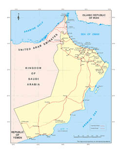 Detailed map of Oman with roads and cities.