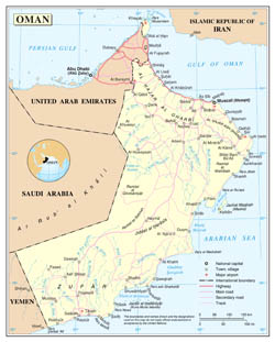 Large detailed political map of Oman with roads, cities and airports.