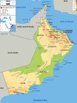 Large physical map of Oman with roads, cities and airports.