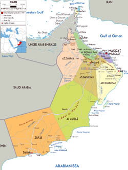 Large political and administrative map of Oman with roads, cities and airports.