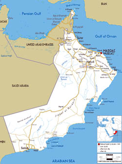 Large road map of Oman with cities and airports.