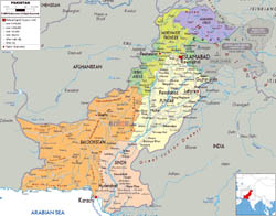 Large political and administrative map of Pakistan with roads, cities and airports.