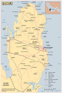 Large detailed political map of Qatar with roads, cities and airports.