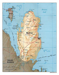 Large political map of Qatar with relief, roads and cities - 1995.