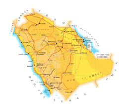 Detailed elevation map of Saudi Arabia with roads, cities and airports.