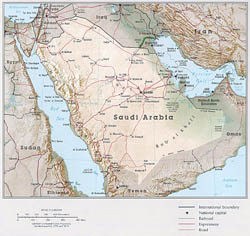 Large detailed political map of Saudi Arabia with relief, major roads and major cities.