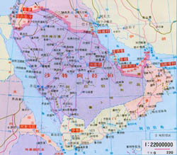 Large map of Saudi Arabia with roads and cities in chinese.