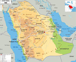 Large physical map of Saudi Arabia with roads, cities and airports.