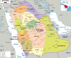 Large political and administrative map of Saudi Arabia with roads, cities and airports.