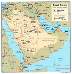 Political and administrative map of Saudi Arabia with roads and major cities - 1991.