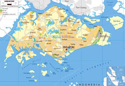 Large physical map of Singapore with roads and airports.
