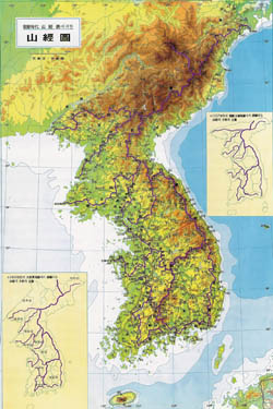 Detailed elevation map of South Korea with roads.