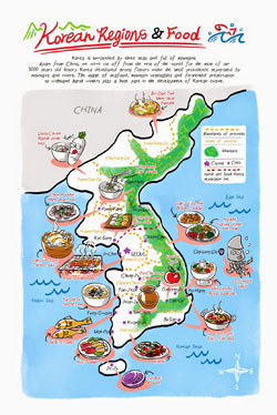 Detailed Korean Food Regions illustrated map.