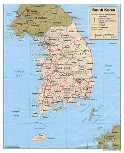 Detailed political and administrative map of South Korea with roads and major cities - 1989.