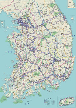 Detailed road map of South Korea.