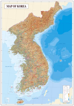 Large physical map of Korean Peninsula with all cities.
