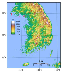 Large physical map of South Korea.