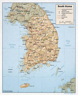 Large political and administrative map of South Korea with relief, roads and major cities - 1989.
