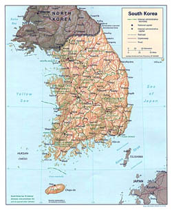 Large political and administrative map of South Korea with relief, roads and major cities - 1995.