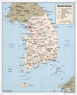 Large political and administrative map of South Korea with roads and major cities - 1989.