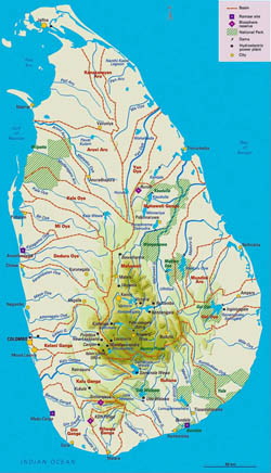 Elevation map of Sri Lanka with administrative divisions.