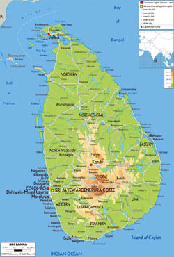 Large physical map of Sri Lanka with roads, cities and airports.