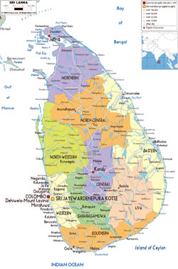 Large political and administrative map of Sri Lanka with roads, cities and airports.