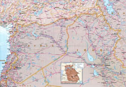 Large map of Syria with relief, roads and airports.