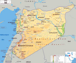 Large physical map of Syria with roads, cities and airports.