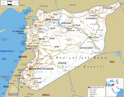 Large road map of Syria with cities and airports.