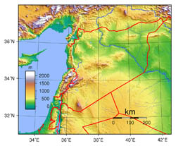 Large topographical map of Syria.