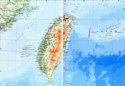 Detailed elevation map of Taiwan with roads and cities.