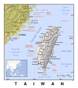 Detailed political map of Taiwan with relief.