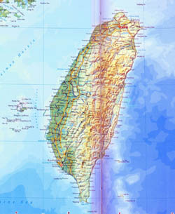 Large detailed road map of Taiwan with relief and all cities.