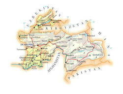 Elevation map of Tajikistan with roads, cities and airports.