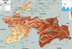 Large physical map of Tajikistan with roads, cities and airports.