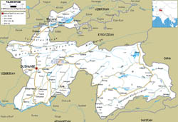 Large road map of Tajikistan with cities and airports.