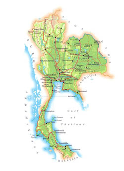 Detailed elevation map of Thailand with roads and major cities.