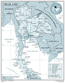 Large detailed political map of Thailand with roads, cities and airports.