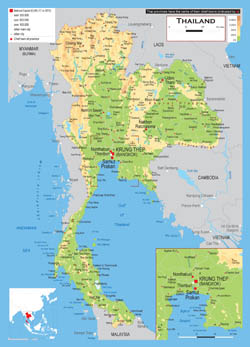 Large elevation map of Thailand with roads, cities and airports.