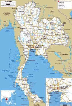 Large road map of Thailand with cities and airports.