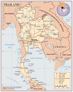 Large scale political map of Thailand with roads, cities and airports.