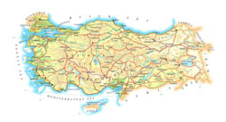 Detailed elevation map of Turkey with roads, cities and airports.