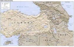 Detailed political map of Eastern Turkey and Vicinity with relief, roads and cities - 2002.