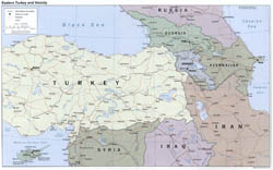 Detailed political map of Eastern Turkey and Vicinity with roads and cities - 2002.